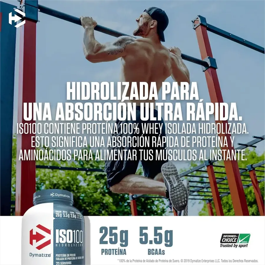 Atleta haciendo dominadas junto al bote de ISO 100 con 25 g de proteína y 5,5 g de BCAAs