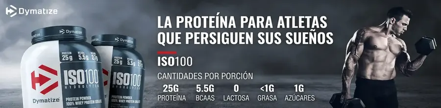 Botes de ISO 100 y atleta entrenando con mancuerna, con las cantidades por porción
