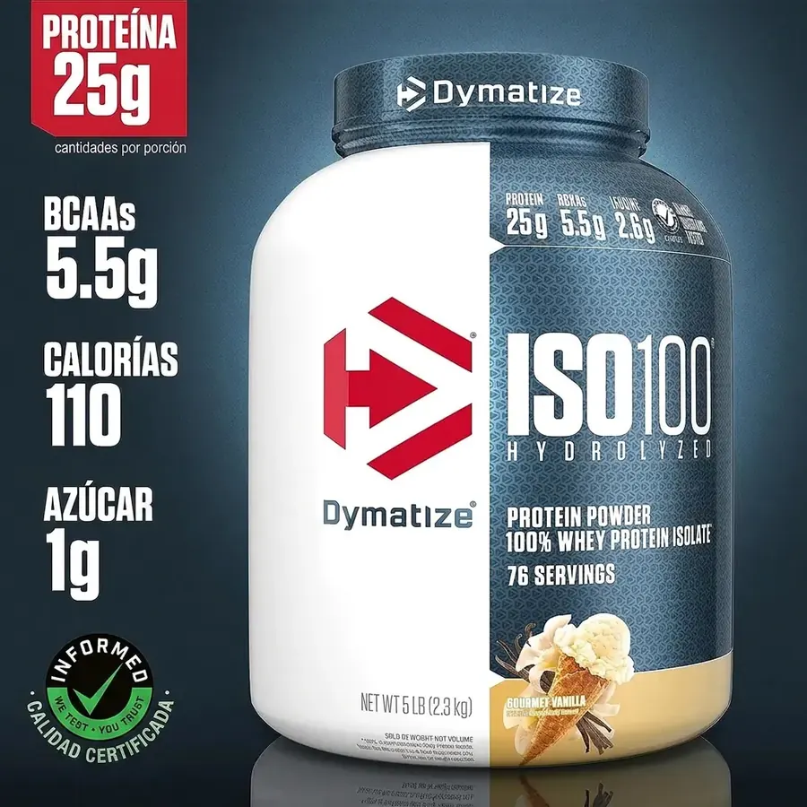 Bote de ISO 100 de 5 LB con proteína, BCAAs, calorías y azúcar por porción
